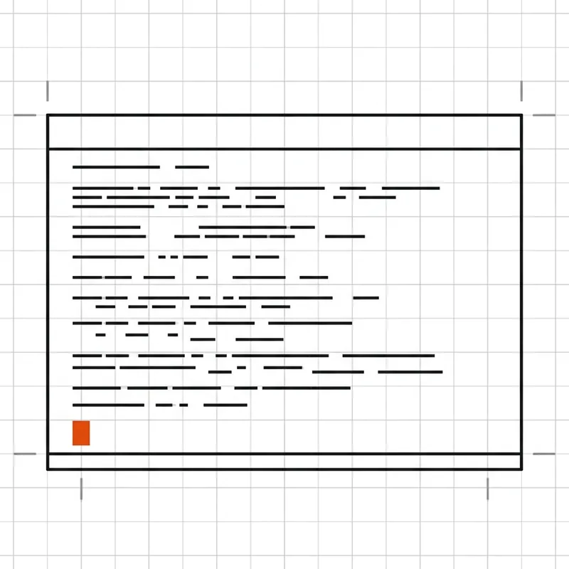 Single terminal window schematic with greeked log lines and one halted progress marker in orange