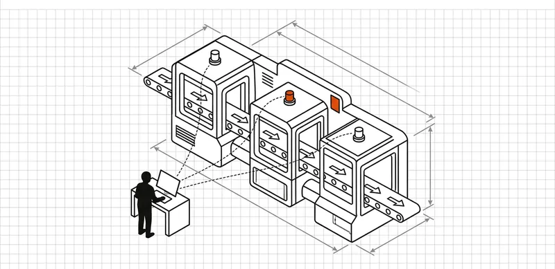Blueprint of a human silhouette from behind at a terminal, tethered by dashed lines to a CI pipeline machine