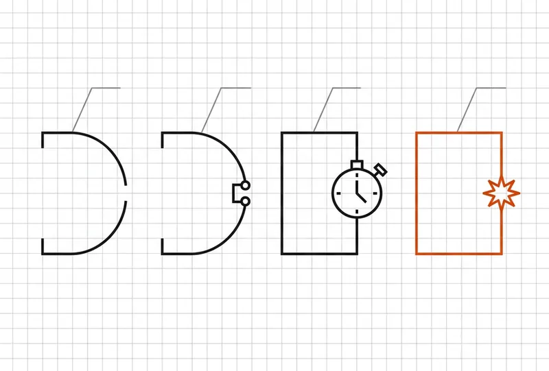 Four-stage blueprint ladder of increasingly closed loop circuits, the fourth fully closed loop accented in orange