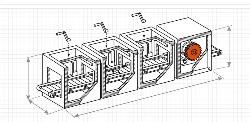 Isometric cutaway of a four-stage machine assembly line where each stage removes a manual crank handle