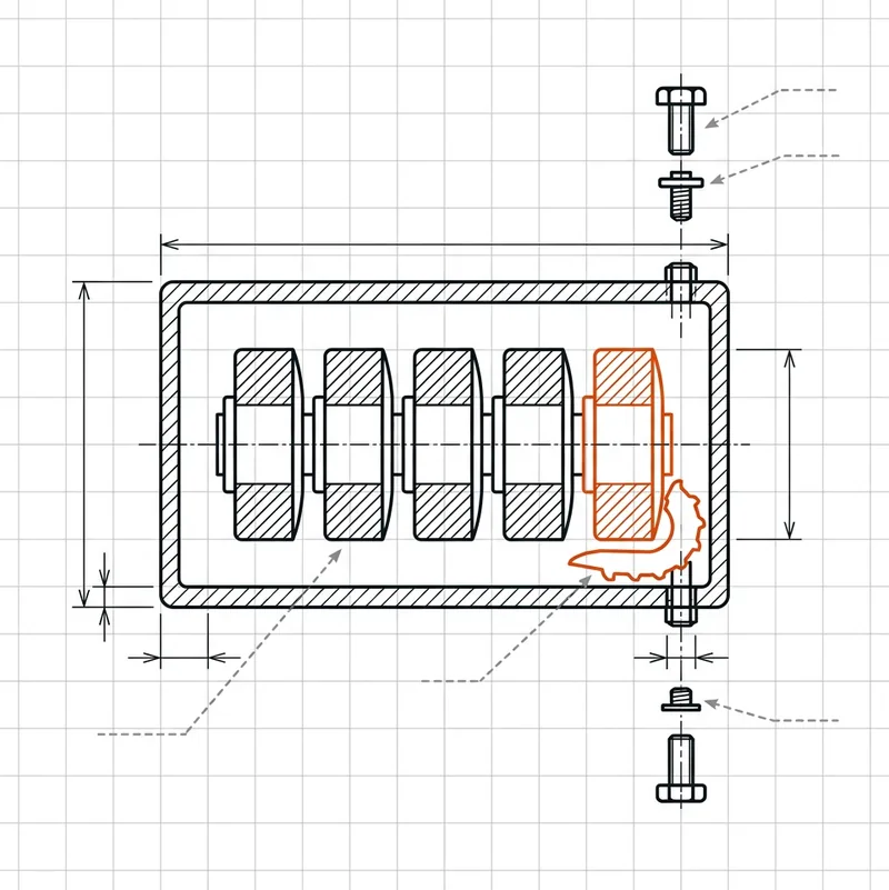 Isolated counter component with mechanical digit wheels and one wheel highlighted in orange