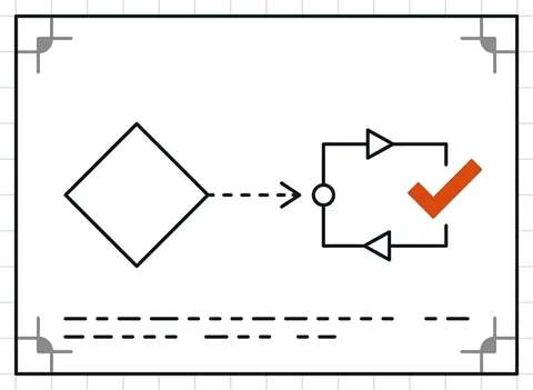 One isolated card schematic showing a question-mark-free abstract query node resolving into a checked loop