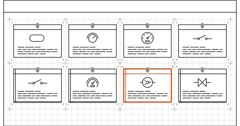 Blueprint index card grid of small schematic loop diagrams, one card highlighted with an orange border