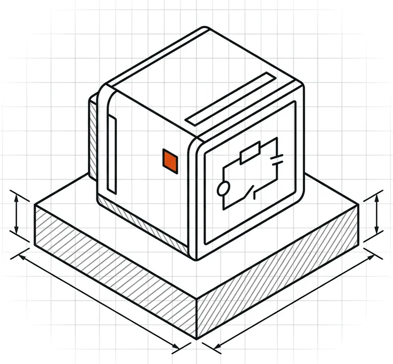 Small sealed loop machine running unattended on a plinth, its power indicator lit in ember orange