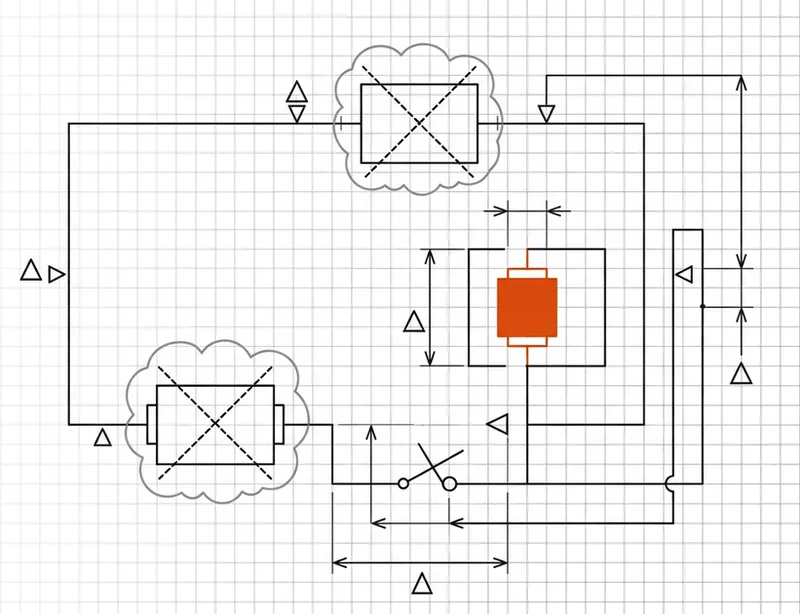 Blueprint of a revised machine schematic with old parts crossed out by dashed lines and one new orange component